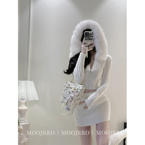 白色毛領麻花拉鍊連帽毛衣開衫女早秋季修身小個子短款針織衫外套 白色毛領麻花拉鍊連帽毛衣開衫女早秋季修身小個子短款針織衫外套