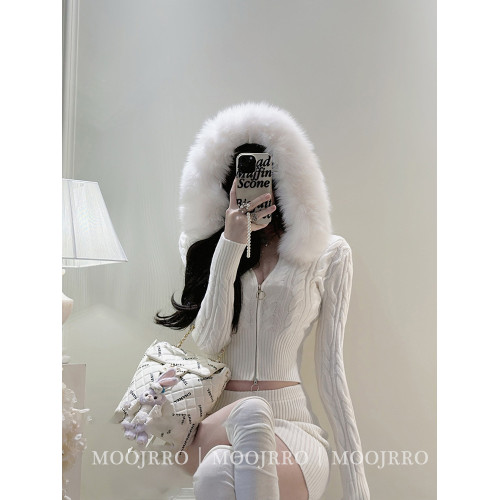 白色毛領麻花拉鍊連帽毛衣開衫女早秋季修身小個子短款針織衫外套 白色毛領麻花拉鍊連帽毛衣開衫女早秋季修身小個子短款針織衫外套