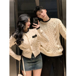 秋冬款超火情侶裝高級感毛衣一長一短針織開衫外套2025新款男女潮