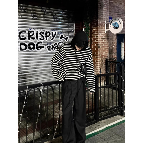 韓系風格穿搭連帽黑白條紋毛衛衣男慵懶高級感cleanfit針織衫外套 韓系風格穿搭連帽黑白條紋毛衛衣男慵懶高級感cleanfit針織衫外套