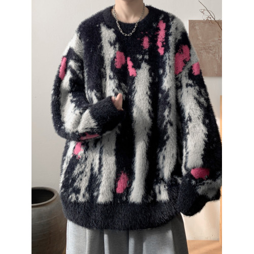 馬海毛紥染毛衣男2025冬季新款美式潮牌加厚慵嬾風寬鬆針織衫外套