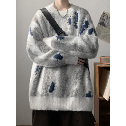 馬海毛紥染毛衣男2025冬季新款美式潮牌加厚慵嬾風寬鬆針織衫外套