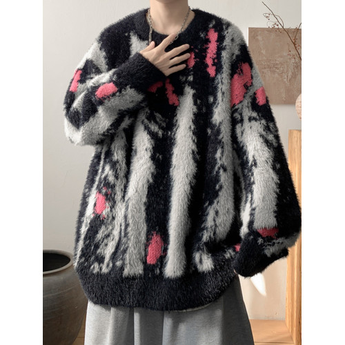 馬海毛紥染毛衣男2025冬季新款美式潮牌加厚慵嬾風寬鬆針織衫外套