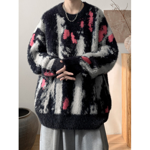 馬海毛紥染毛衣男2025冬季新款美式潮牌加厚慵嬾風寬鬆針織衫外套