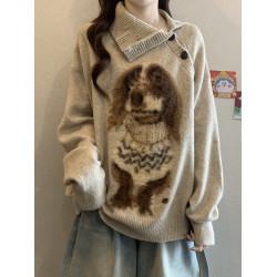 高級感斜領小狗提花毛衣套頭外套秋冬2025新款大碼女裝針織衫上衣