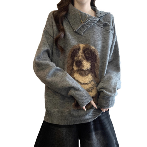 高級感斜領小狗提花毛衣套頭外套秋冬2025新款大碼女裝針織衫上衣 高級感斜領小狗提花毛衣套頭外套秋冬2025新款大碼女裝針織衫上衣