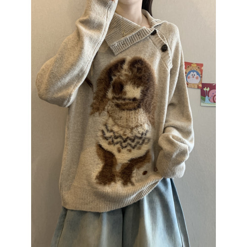 高級感斜領小狗提花毛衣套頭外套秋冬2025新款大碼女裝針織衫上衣 高級感斜領小狗提花毛衣套頭外套秋冬2025新款大碼女裝針織衫上衣