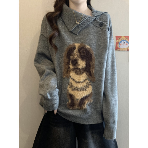 高級感斜領小狗提花毛衣套頭外套秋冬2025新款大碼女裝針織衫上衣 高級感斜領小狗提花毛衣套頭外套秋冬2025新款大碼女裝針織衫上衣