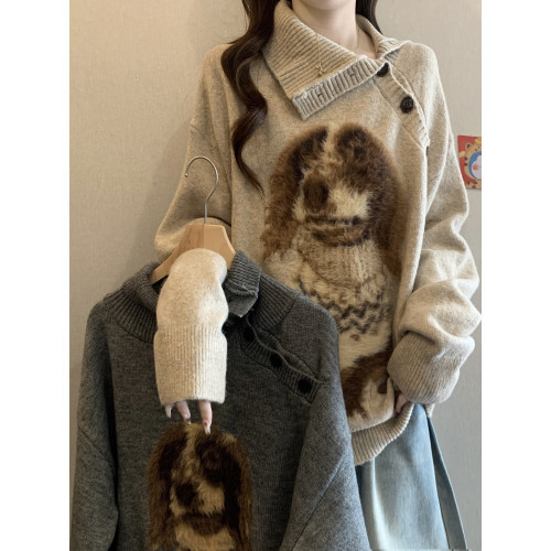 高級感斜領小狗提花毛衣套頭外套秋冬2025新款大碼女裝針織衫上衣 高級感斜領小狗提花毛衣套頭外套秋冬2025新款大碼女裝針織衫上衣