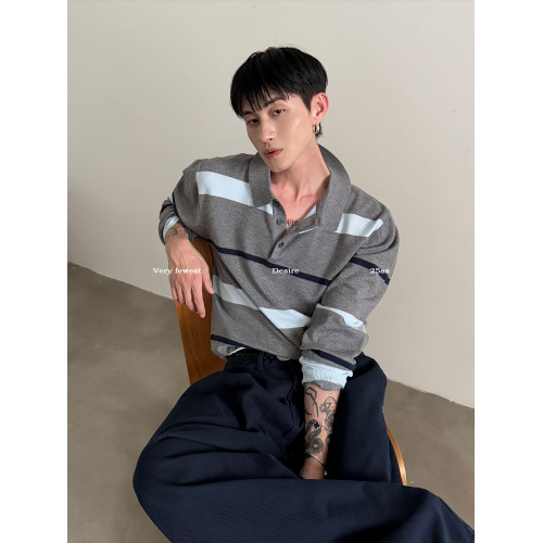 VERY FEWEST 松弛感撞色條紋POLO衫秋季短款老錢套頭長袖針織衫 VERY FEWEST 松弛感撞色條紋POLO衫秋季短款老錢套頭長袖針織衫