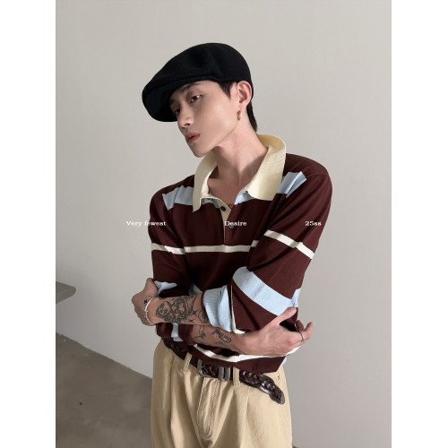 VERY FEWEST 松弛感撞色條紋POLO衫秋季短款老錢套頭長袖針織衫 VERY FEWEST 松弛感撞色條紋POLO衫秋季短款老錢套頭長袖針織衫