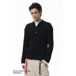 ACRARDIC美式通勤條紋亨利領毛衣男cleanfit假兩件修身顯瘦針織衫