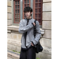 美式復古拼色拉鍊開衫毛衣男女秋冬慵懶風顯瘦寬松針織衫外套上衣