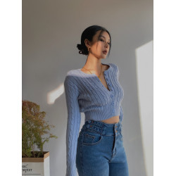 歐美復古高腰短款長袖毛衣小開衫性感露臍針織上衣女顯瘦顯比例