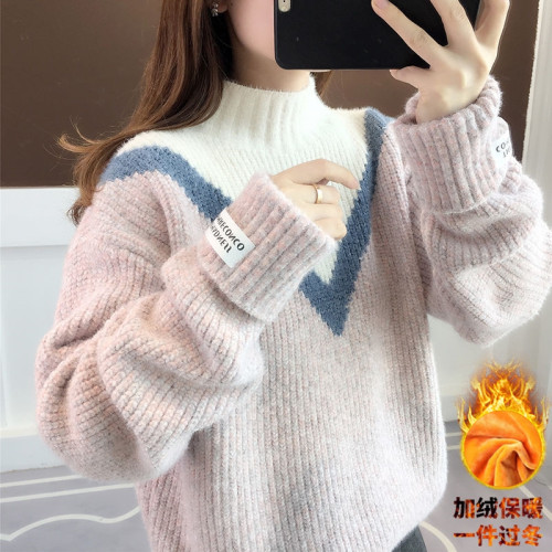半高領毛衣女秋冬加絨2025新款套頭寬松韓版慵懶風加厚針織衫上衣 半高領毛衣女秋冬加絨2025新款套頭寬松韓版慵懶風加厚針織衫上衣