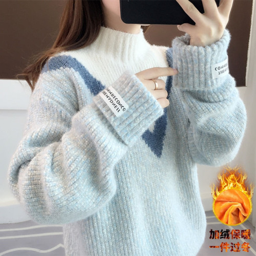 半高領毛衣女秋冬加絨2025新款套頭寬松韓版慵懶風加厚針織衫上衣 半高領毛衣女秋冬加絨2025新款套頭寬松韓版慵懶風加厚針織衫上衣