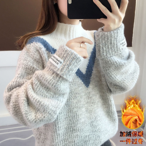 半高領毛衣女秋冬加絨2025新款套頭寬松韓版慵懶風加厚針織衫上衣 半高領毛衣女秋冬加絨2025新款套頭寬松韓版慵懶風加厚針織衫上衣