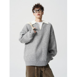 假兩件撞色V領針織衫男冬季美式設計感情侶毛衣潮牌百搭休閒內搭