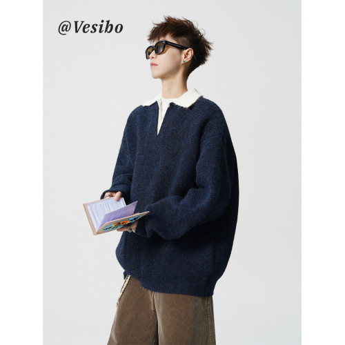 假兩件撞色V領針織衫男冬季美式設計感情侶毛衣潮牌百搭休閒內搭 假兩件撞色V領針織衫男冬季美式設計感情侶毛衣潮牌百搭休閒內搭