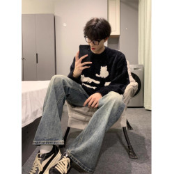 美式復古貓咪馬海毛毛衣男秋冬季潮牌慵懶風圓領針織衫高級感外套