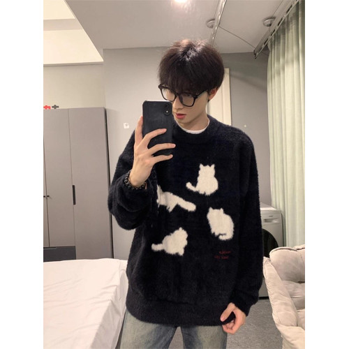 美式復古貓咪馬海毛毛衣男秋冬季潮牌慵懶風圓領針織衫高級感外套 美式復古貓咪馬海毛毛衣男秋冬季潮牌慵懶風圓領針織衫高級感外套