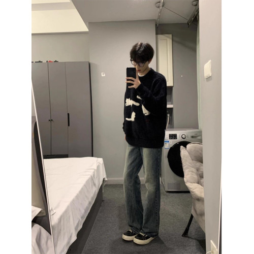 美式復古貓咪馬海毛毛衣男秋冬季潮牌慵懶風圓領針織衫高級感外套 美式復古貓咪馬海毛毛衣男秋冬季潮牌慵懶風圓領針織衫高級感外套