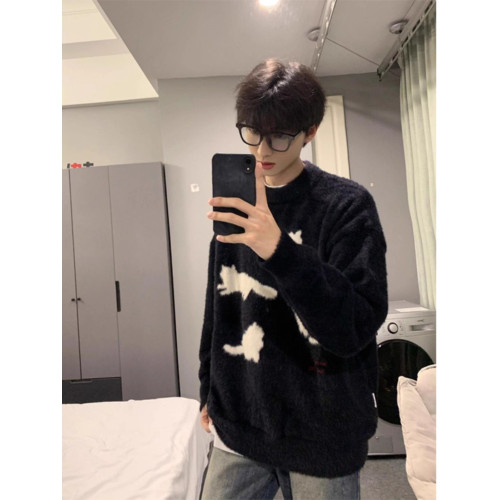 美式復古貓咪馬海毛毛衣男秋冬季潮牌慵懶風圓領針織衫高級感外套 美式復古貓咪馬海毛毛衣男秋冬季潮牌慵懶風圓領針織衫高級感外套