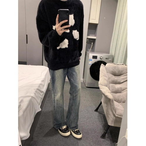 美式復古貓咪馬海毛毛衣男秋冬季潮牌慵懶風圓領針織衫高級感外套 美式復古貓咪馬海毛毛衣男秋冬季潮牌慵懶風圓領針織衫高級感外套