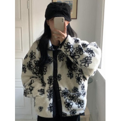 韓國chic冬季減齡氣質翻領兩面穿撞色提花寬松長袖羊羔短毛外套女