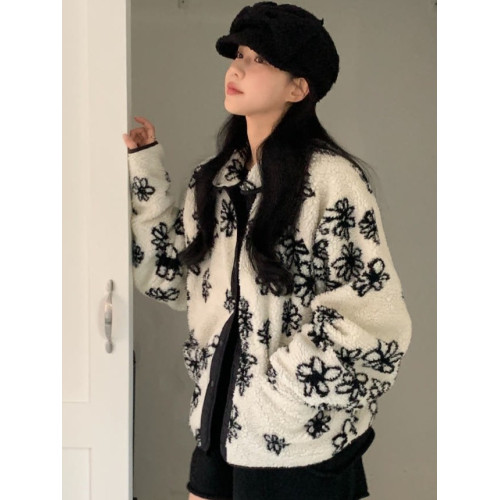 韓國chic冬季減齡氣質翻領兩面穿撞色提花寬松長袖羊羔短毛外套女