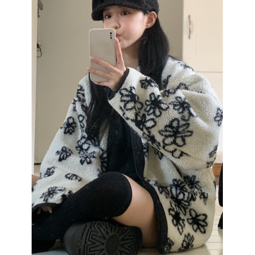 韓國chic冬季減齡氣質翻領兩面穿撞色提花寬松長袖羊羔短毛外套女