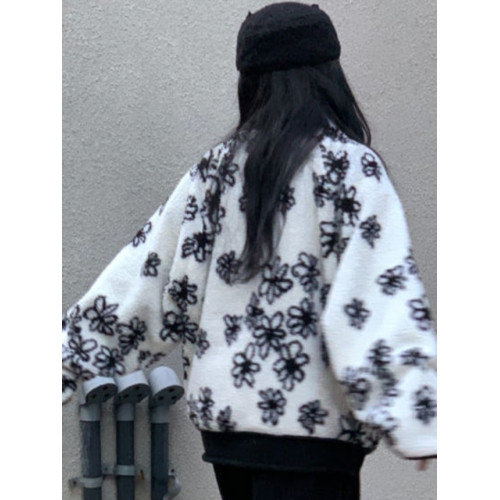 韓國chic冬季減齡氣質翻領兩面穿撞色提花寬松長袖羊羔短毛外套女