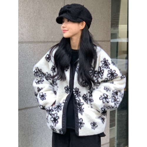 韓國chic冬季減齡氣質翻領兩面穿撞色提花寬松長袖羊羔短毛外套女