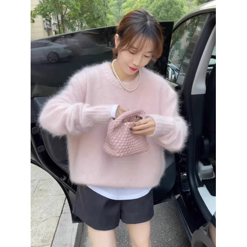 小個子粉色馬海毛慵懶松弛感套頭毛衣女秋冬軟糯高級感針織衫上衣