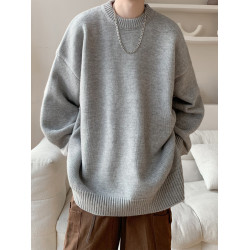 美式慵懶風圓領毛衣男冬季潮牌vintage情侶針織衫復古純色套頭衫