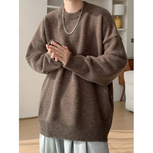 美式慵懶風圓領毛衣男冬季潮牌vintage情侶針織衫復古純色套頭衫