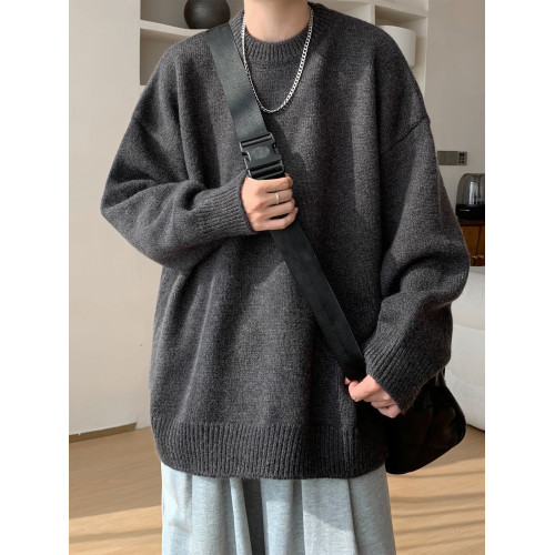 美式慵懶風圓領毛衣男冬季潮牌vintage情侶針織衫復古純色套頭衫