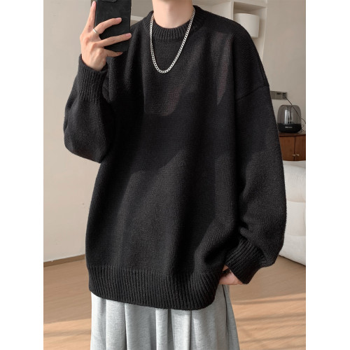 美式慵懶風圓領毛衣男冬季潮牌vintage情侶針織衫復古純色套頭衫