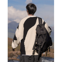 黑白撞色毛衣男款秋冬季港風潮流百搭寬松休閒男生圓領上衣針織衫