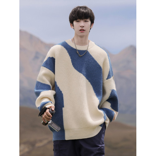 黑白撞色毛衣男款秋冬季港風潮流百搭寬松休閒男生圓領上衣針織衫