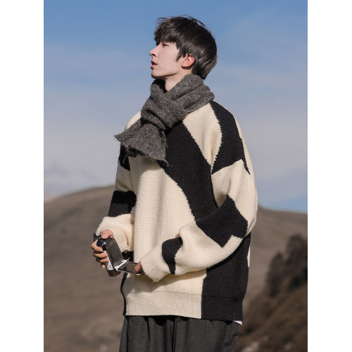 黑白撞色毛衣男款秋冬季港風潮流百搭寬松休閒男生圓領上衣針織衫