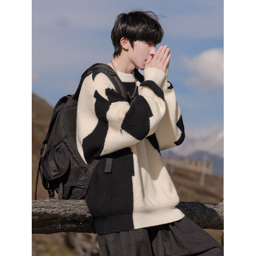 黑白撞色毛衣男款秋冬季港風潮流百搭寬松休閒男生圓領上衣針織衫