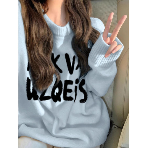 奶fufu軟糯淺藍色秋冬圓領毛衣女2025新款爆款慵懶風寬松針織上衣