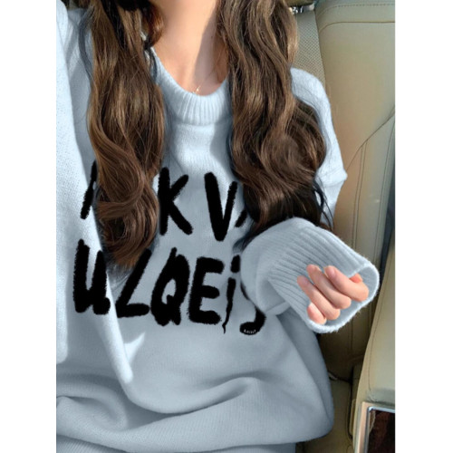 奶fufu軟糯淺藍色秋冬圓領毛衣女2025新款爆款慵懶風寬松針織上衣