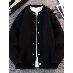 2025春秋季新款刺綉寬松純色針織開衫男士休閒簡約毛衣秋冬裝外套