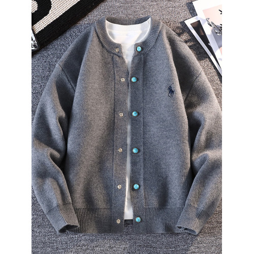 2025春秋季新款刺綉寬松純色針織開衫男士休閒簡約毛衣秋冬裝外套