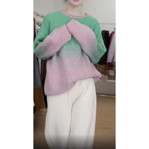 時髦隨性圓領女25秋冬新款拼色打底衫韓系風星空彩點毛衣