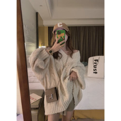 麻花毛衣日系慵懶復古中長款女秋冬加厚寬松外穿上衣長袖V領毛衣