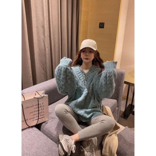 麻花毛衣日系慵懶復古中長款女秋冬加厚寬松外穿上衣長袖V領毛衣