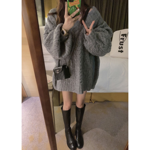 麻花毛衣日系慵懶復古中長款女秋冬加厚寬松外穿上衣長袖V領毛衣